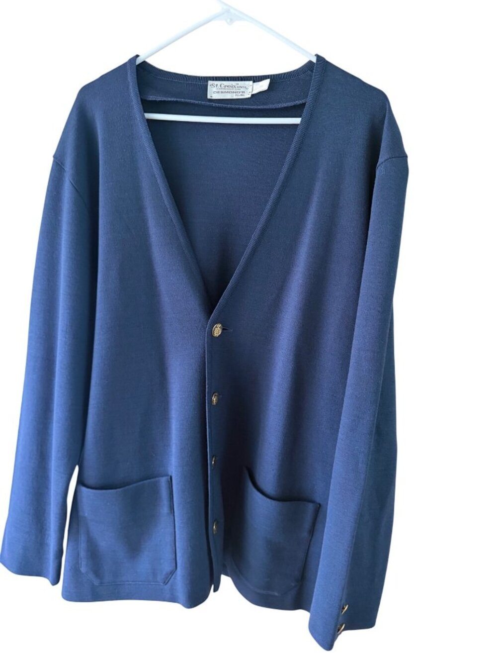 St. Croix Mens Gold Button V-neck Knit Cardigan Size L Navy Blue Wool Vintage